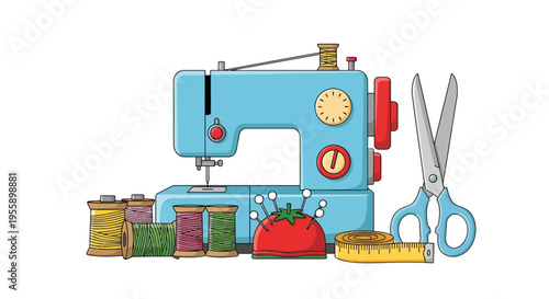 Sewing Machine Vector Illustration, Flat Design, Creative Hobby, Tailoring, Crafting, Needlework