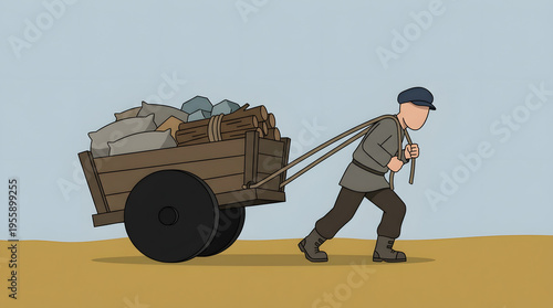 Man Pushing a Wooden Cart.