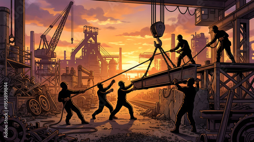 Men Pulling Heavy Load Industrial Scene.