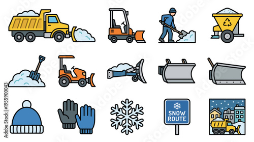 Colorful winter snow removal vector icon set. Includes yellow snow plow truck, tractor, shovel, salt spreader, snowflake, winter clothing, and snow route sign for road maintenance.