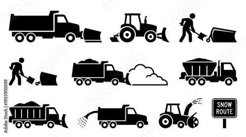 Black silhouette vector set of snow removal equipment. Includes snow plow trucks, tractors, snowblowers, and workers shoveling. Winter road clearing and maintenance illustrations.