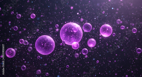 Vibrant purple bubbles floating in dark space with sparkling particles - Generative AI.