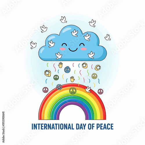 Happy Cloud Rainbows and Doves for International Day of Peace