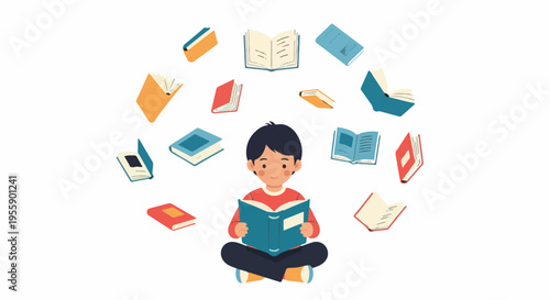 A young boy sits cross-legged, engrossed in reading a book, surrounded by a circular arrangement of many diverse books, symbolizing learning and knowledge.