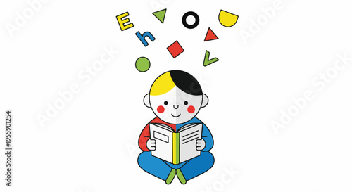 A cartoon illustration of a child reading a book with letters and shapes floating above, symbolizing learning and imagination.