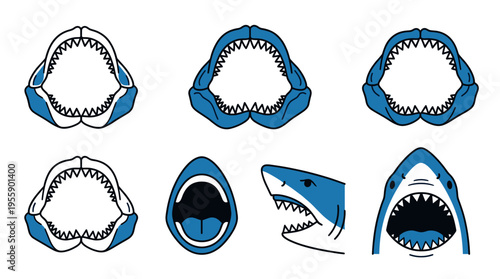 Blue shark jaws vector set. Collection of marine predator jawbones, sharp teeth, open mouth and aggressive fish head profile illustrations isolated on white background for design.