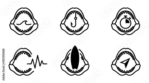 Outline shark jaws vector icon set. Minimalist line art marine predator mouths framing wave, fishing hook, stopwatch, heartbeat pulse, surfboard, and compass symbols.