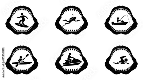 Dangerous shark jaws vector framing water sports silhouettes. Marine predator attack concepts with surfer, diver, boat, kayak, jet ski, and swimmer inside sharp teeth.