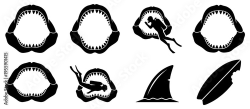 Shark jaws vector silhouette set featuring underwater danger concepts with scuba diver, bitten surfboard, and predator fin. Marine terror icons isolated on white background.