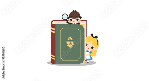 Sherlock Holmes and Alice in Wonderland illustration, vector style graphic for book cover design
