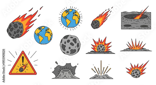 Asteroid Impact Explosion on Earth Surface.
