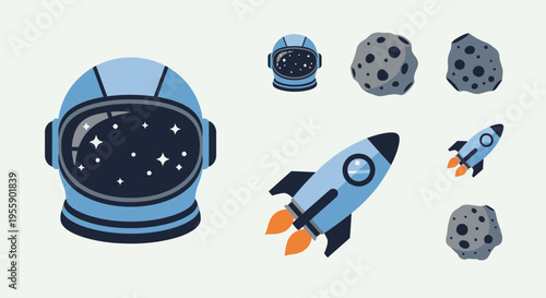 Astronaut Helmet and Space Rocket.