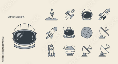 Astronaut Helmet Space Rockets Icons.