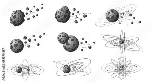 Black and white atoms and planets.