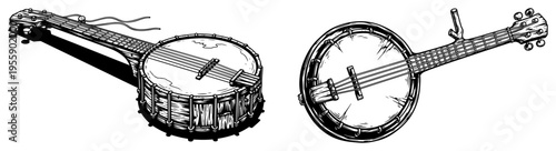 Banjo Musical Instrument Illustration Set Folk and Bluegrass Music Elements Hand Drawn Engraving Style Vector Art