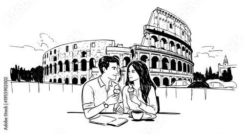 Romantic Couple Eating Ice Cream in Front of Colosseum Rome Italy Illustration Travel Vacation Hand Drawn Sketch Vector Art