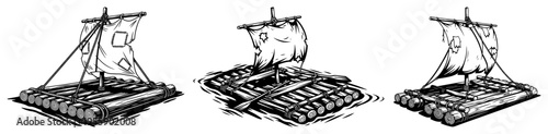 Wooden Log Raft with Sail Illustration Set Survivor Shipwreck Rafts on Water Engraving Style Vector Art for Adventure Themes