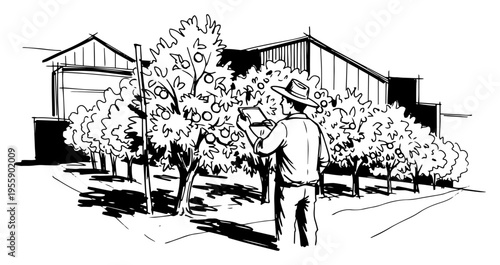 Smart Farming Agronomist Using Tablet in Orchard Illustration Hand Drawn Sketch Vector Art for Modern Agriculture