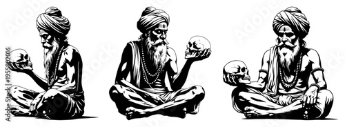 Aghori Sadhu Holy Man Sitting with Human Skull Illustration Set Indian Monk in Woodcut Engraving Style Vector for Spiritual and Cultural Themes