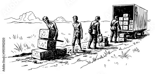 Historical War Scene Illustration with Soldiers and Laborers Unloading Truck Hand Drawn Sketch Vector Art