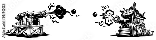 Medieval Cannon Firing Cannonball Illustration Set Antique Artillery with Smoke and Fire Effects Engraving Style Vector Art