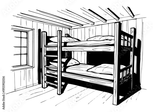 Bunk Beds in Wooden Cabin Room Illustration Hand Drawn Sketch of Hostel or Dormitory Interior Vector Art