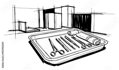 Surgical Medical Instruments on Metal Tray in Operating Room Illustration Hand Drawn Hospital Sketch Vector Art