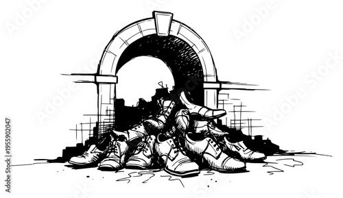 Historical Memorial Scene with Pile of Old Shoes in Front of Stone Archway Illustration Hand Drawn Sketch Vector Art