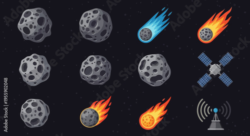 Moons and satellites in space.