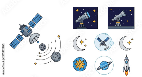 Satellite and Space Exploration Icons Set.