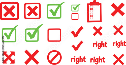A collection of hand drawn check marks and red cross symbols for interactive surveys and checklists isolated on transparent background, Vector