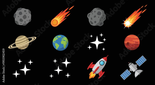 Space icons with planets and rockets.