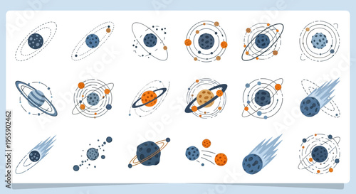 Space icons with planets and galaxies.