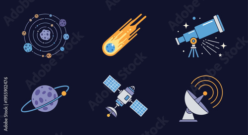 Space objects and astronomy equipment icons.