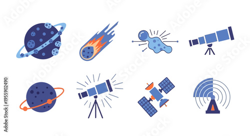 Space objects and astronomy equipment icons 1.