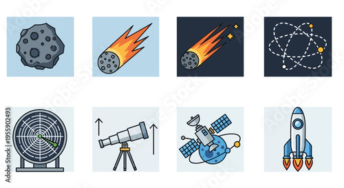 Space objects and astronomy equipment.
