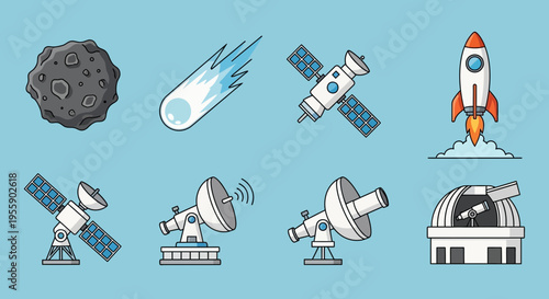 Space telescope and rocket launch scene.