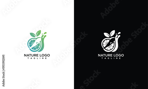 Creative Nature Logo with Citrus Fruit Leaf and Snail Icon