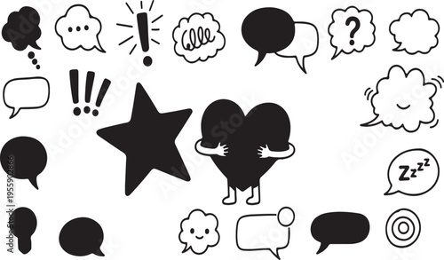 A collection of various doodle style speech bubbles and decorative icons for creative design projects isolated on transparent background, Vector