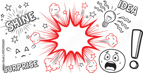 A collection of comic book style graphic elements featuring a central red explosion speech bubble isolated on transparent background, Vector