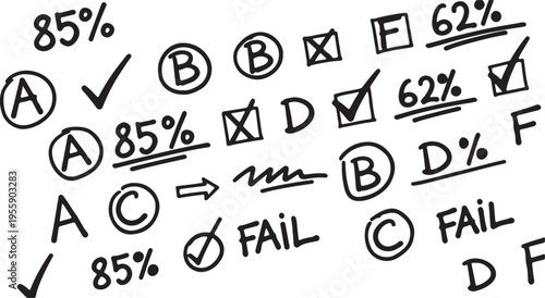 A collection of hand-drawn academic grading marks including letter grades and percentage scores isolated on transparent background, Vector