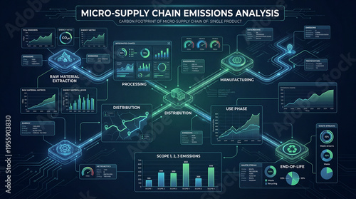 Modern Digital Flow Chart Infographic of a Micro-Supply Chain Carbon Footprint Analysis with Detailed Graphs, Data Boxes, Scope 1 2 3 Emissions Comparison for Presentations, 16:9 Aspect Ratio