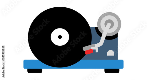 Simple minimalist turntable illustration with black record and blue base for media themes