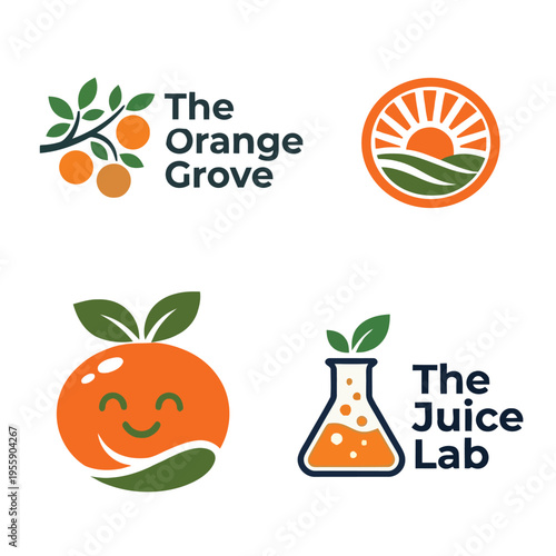 Orange fruit logo set. Modern flat icons for organic juice bar, citrus farm, and laboratory drink brand. Fresh orange, sun, and leaf vector illustrations for corporate identity and branding
