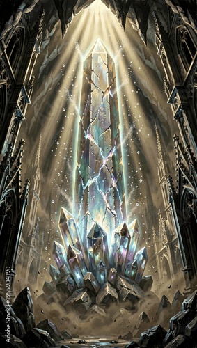 Colossal crystal monolith glowing in cavern city