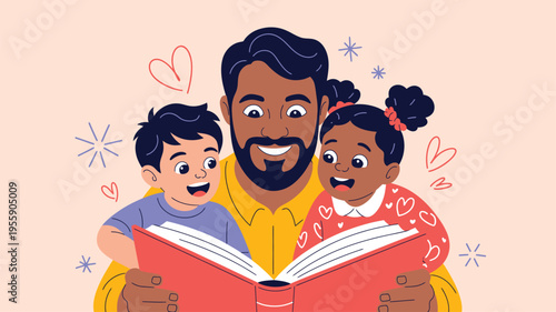 Happy father reads storybook to children
