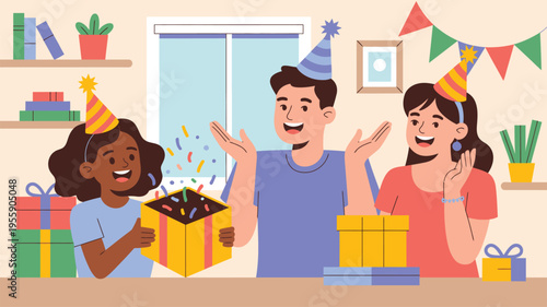 Happy friends celebrating birthday party with gifts