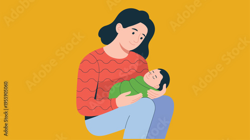 Happy mother holding sleeping newborn baby