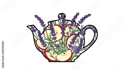 Apple Lavender Herbal Tea Teapot Illustration for Beverage Brands & Cafe Menus