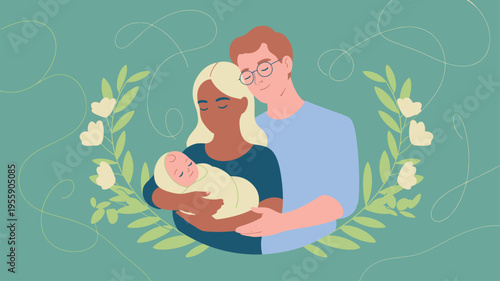 Happy parents holding newborn baby floral frame